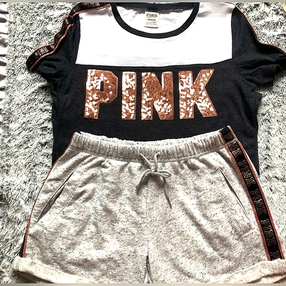 PINK Victoria's Secret Tops - "HTF" VS PINK Bling Rose Gold Shirt Large Matching Shorts Size Medium